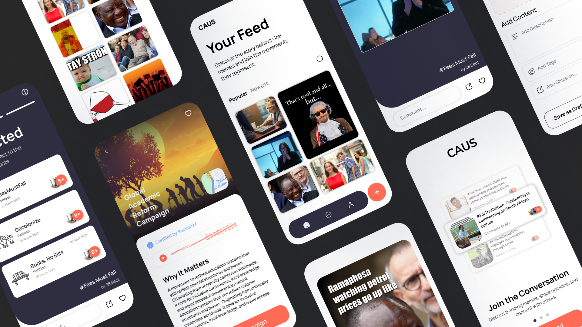 Caus. app screens shown across multiple cards