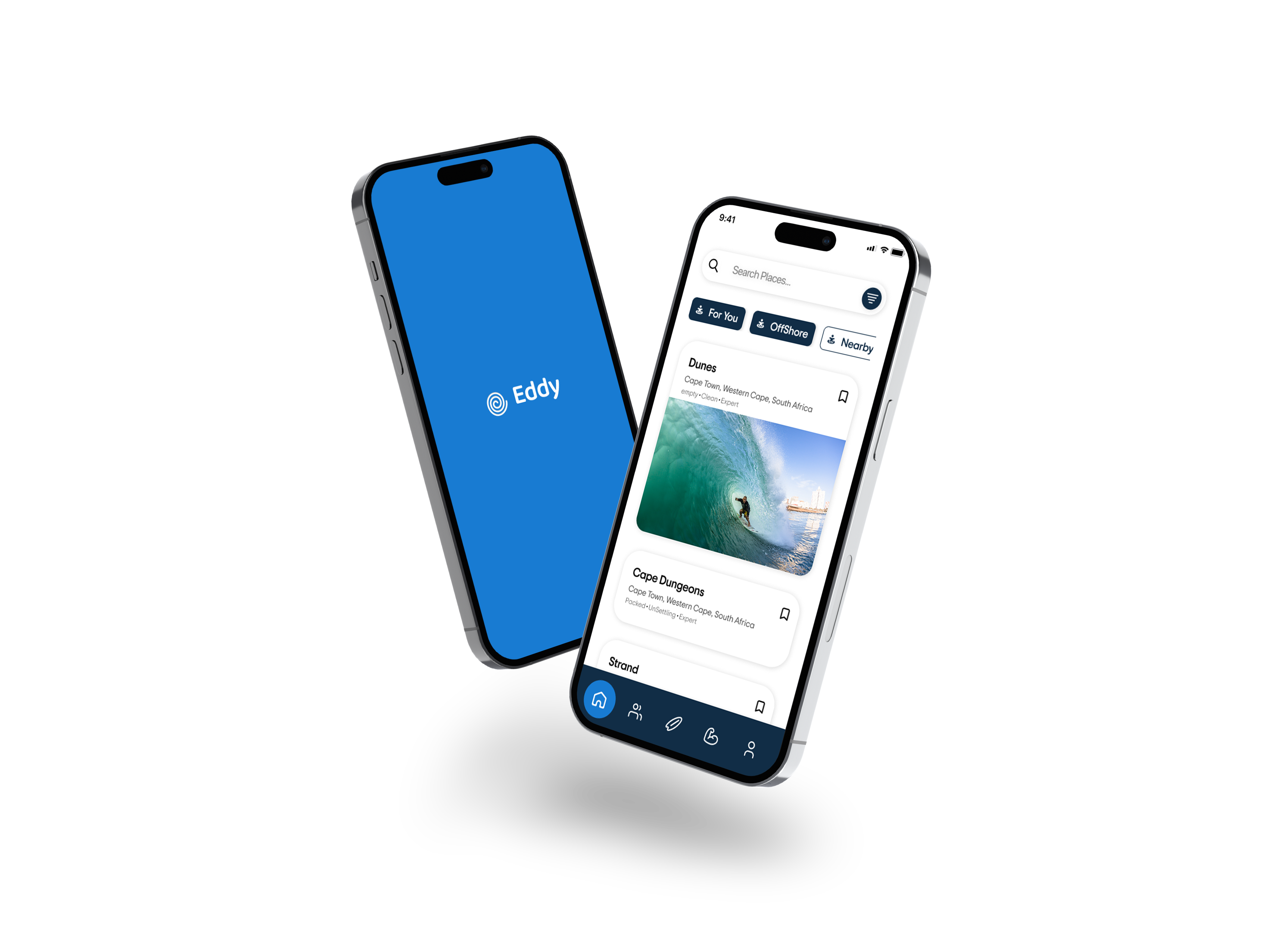 Two phones showing the Eddy surf app interface